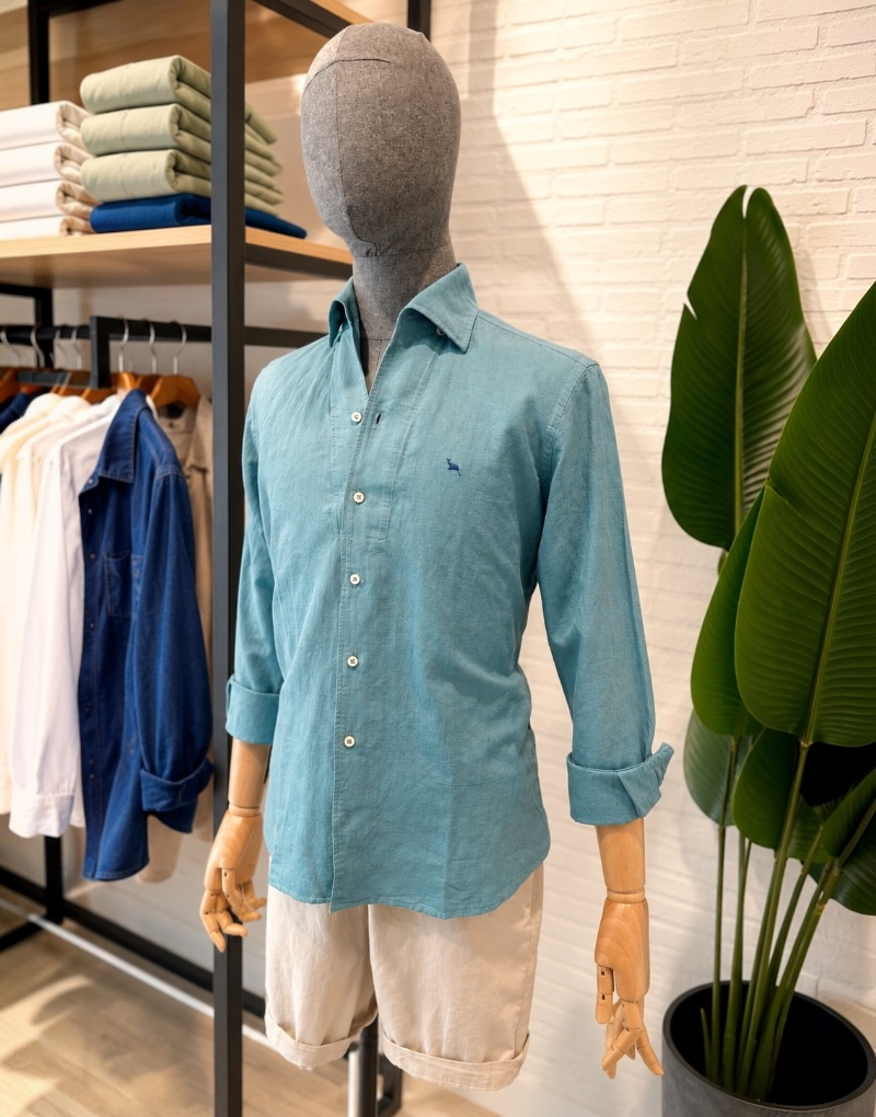 Camisa lino azul petroleo cuello una pieza