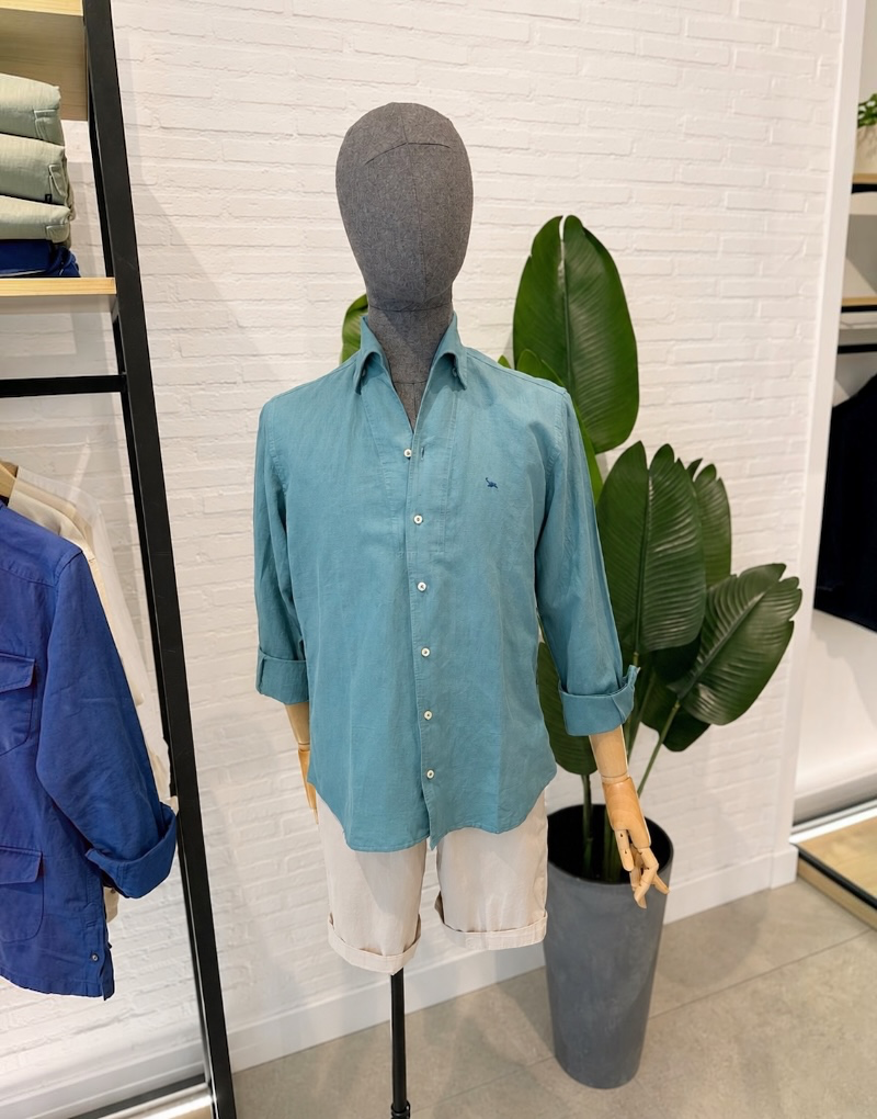 Camisa lino azul petroleo cuello una pieza