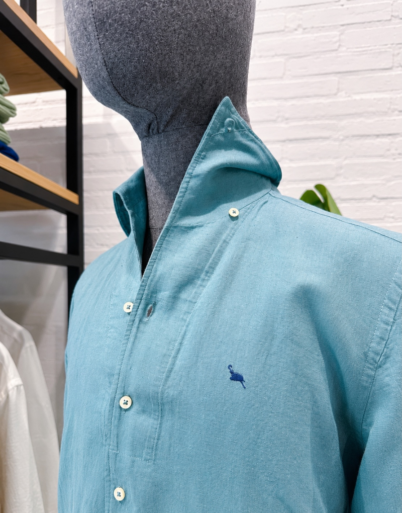 Camisa lino azul petroleo cuello una pieza