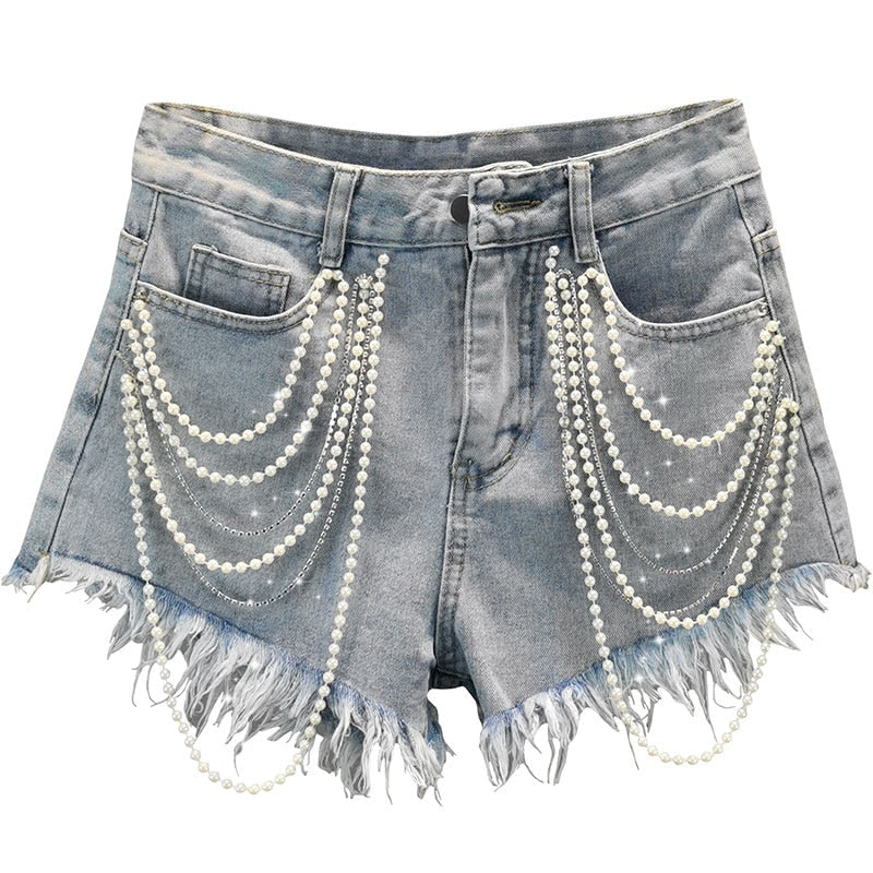 Pantalones cortos vaqueros con borlas de perlas